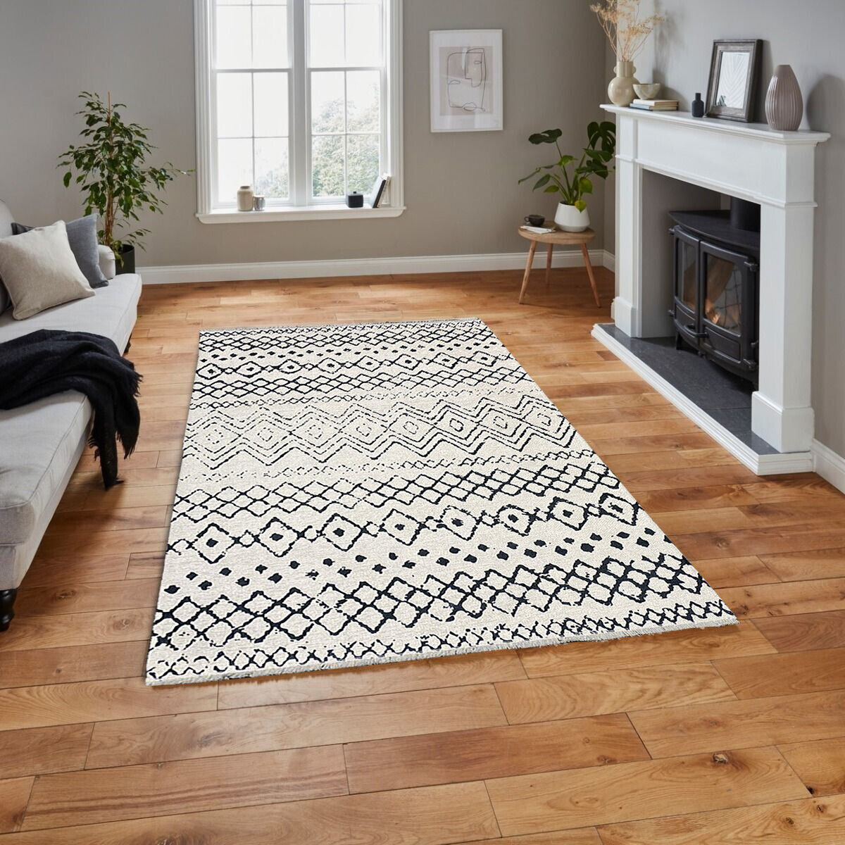 Wohnzimmer Teppich Modern Abstraktes Design Weiß Schwarz waschbar