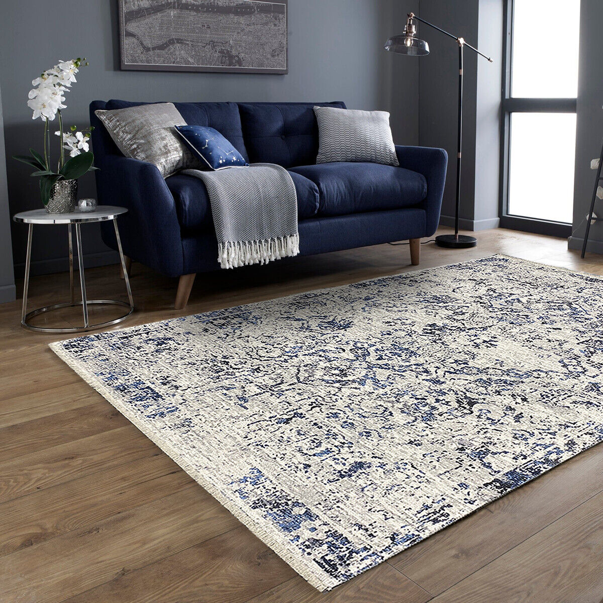 Teppich Wohnzimmer Orientalisches Design Blau Weiß Grau waschbar