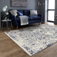 Teppich Wohnzimmer Orientalisches Design Blau Weiß Grau waschbar