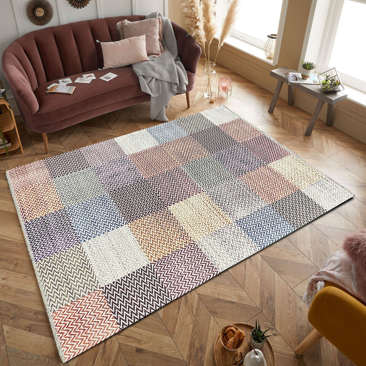 Teppich Wohnzimmerteppich Bunt Patchwork Muster waschbar