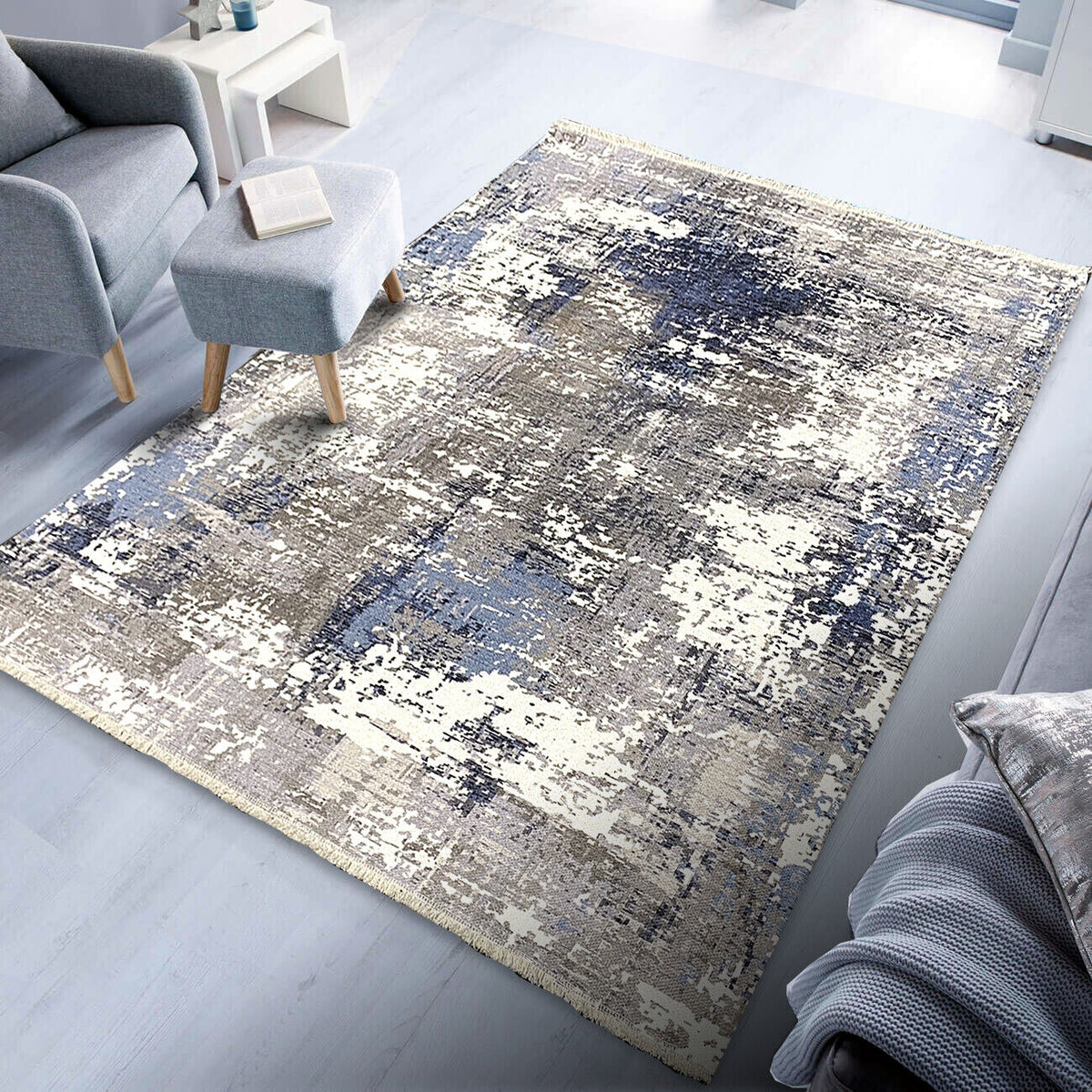 Wohnzimmer Teppich Weiß Blau Grau waschbar 155x230