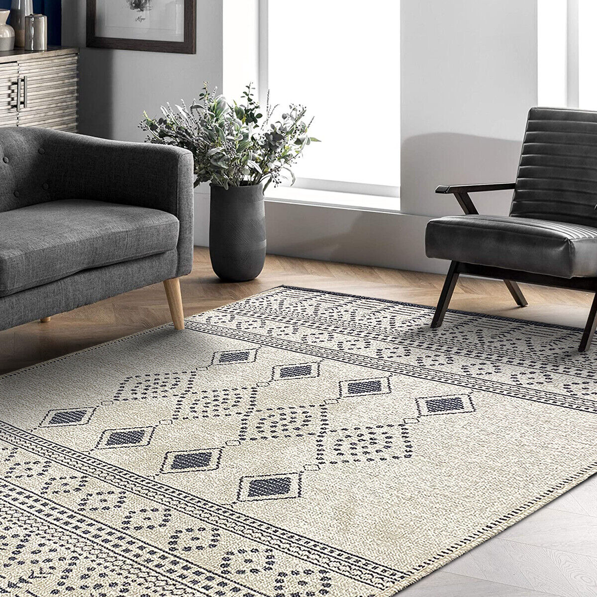 Moderner Teppich Gewebt Gemustert Anthrazit Grau waschbar flachflor