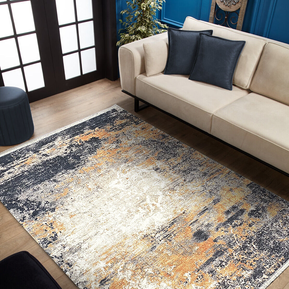 Teppich Wohnzimmerteppich Vintage waschbar Flachflorteppich mit Fransen